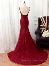 V Neck Burgundy Mermaid Lace Semi Formal Prom Dresses, Wine Red Mermaid Lace Formal Bridesmaid Dresses